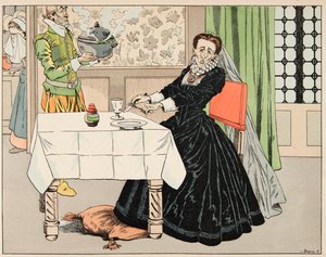 Illustration aus dem Buch „Le bon roy Henri“, illustriert von Jacques Marie Gaston Onfray de Breville dit JOB (1858-1931): Eine Mutter aß ihr Kind während der Belagerung von Paris - Private Sammlung