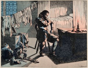 Illustration aus dem Buch „Le bon roy Henri“, illustriert von Jacques Marie Gaston Onfray de Breville dit JOB (1858-1931): 1589 wurde Henri König von Frankreich, aber ohne Geld - Private Sammlung