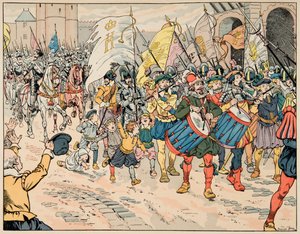 Illustration aus dem Buch „Le bon roy Henri“, illustriert von Jacques Marie Gaston Onfray de Breville dit JOB (1858-1931): Einzug von Henri IV. in Paris am 21. März 1594 - Private Sammlung