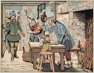Illustration aus dem Buch „Le bon roy Henri“, illustriert von Jacques Marie Gaston Onfray de Breville dit JOB (1858-1931): Henri IV bei den Bauern, um das Huhn im Topf zu essen