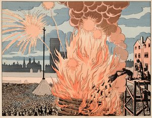 Illustration aus dem Buch „Le bon roy Henri“, illustriert von Jacques Marie Gaston Onfray de Breville dit JOB (1858-1931): Freudenfeuer auf dem Place de strike in Paris - Privatsammlung