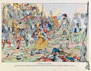 Illustration aus dem Buch „Les épées de France“: König Franz I. übergibt sein Schwert nach der Niederlage von Pavia am 24. Februar den Spaniern