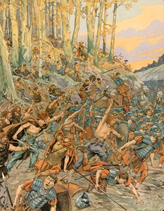 Jacques Marie Gaston Onfroy de Breville dit JOB (1858-1931) - Geschichte Belgiens: Schlacht von Aduatuca, im Geer-Tal im Jahr 54 v. Chr., die Eburonen (Belgier) massakrierten die römischen Legionen von Caesar während des Gallischen Krieges, Private Sammlun