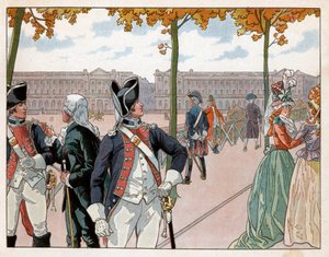 Joachim Murat (1767-1815) und Bessières in Paris im Jahr 1791 in der Uniform der konstitutionellen Garde des Königs. Gravur von Jacques Marie Gaston Onfray de Breville dit Job (1858-1931) von pseudonym for Onfray de Breville Jacques Job