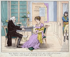 Josephine und der Notar - Maitre Raguideau, Notar der Witwe Beauharnais, sagte zu ihr: Heirate diesen kleinen Bonaparte - Lithographie von Job (Jacques Onfroy de Breville) aus Le Grand Napoleon des Petites Enfants