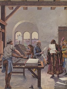 König Ludwig XI. liest ein auf einer Presse gedrucktes Dokument