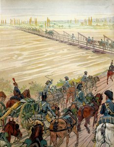 Napoleon I. Bonaparte (1769-1821) und seine Armee überquerten den Rhein am 1. Oktober 1805. In „Napoleon“ von Georges Montorgueil. Illustration von Jacques Marie Gaston Onfray de Breville, genannt JOB (1858-1931) von pseudonym for Onfray de Breville Jacques Job