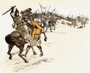 Man nimmt niemals den Schachkönig, Antwort von Ludwig VI. der Dicke (1081-1137), König der Franken, indem er den englischen Soldaten tötete, der die Zügel seines Pferdes ergriffen hatte und sagte „Der König ist gefangen!“ in der Schlacht von Brenneville in von pseudonym for Onfray de Breville Jacques Job