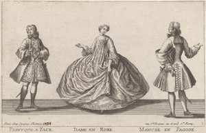 Perücke mit Gesicht/Dame im Kleid/Ärmel im Pagodenstil von published by Jacques Chéreau
