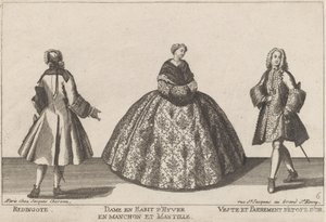 Redingote/Dame im Winterkleid mit Muff/Weste und Besatz aus Goldstoff