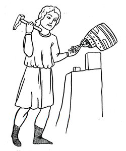 Deutscher Helmenschmied bei der Arbeit, um 1515