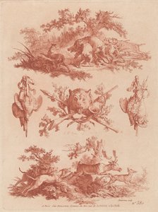 Jagdtrophäen und Vignetten mit Hunden, die einen Eber und einen Hirsch jagen