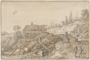 Hügelige Landschaft mit Hütte neben einem Bach
