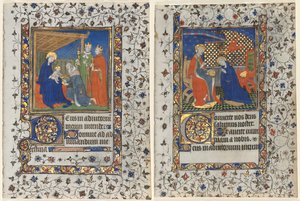 Bifolio aus einem Stundenbuch: Anbetung der Könige und Krönung der Jungfrau von workshop of Boucicaut Master