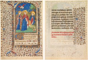 Blatt aus einem Stundenbuch: Heilige Geneviève, Katharina von Alexandria und Margareta (recto) und Text (verso) von workshop of Boucicaut Master