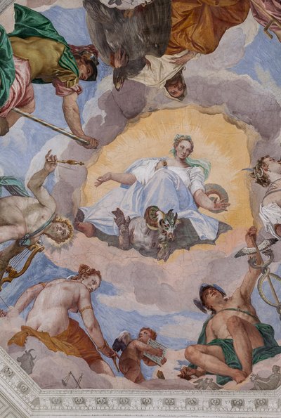 Universelle Harmonie umgeben von Göttern: Zeus mit einem Adler, Mars, Apollo mit der Lyra, Venus, Merkur mit dem Caduceus, Diana mit Hunden und Saturn von Veronese