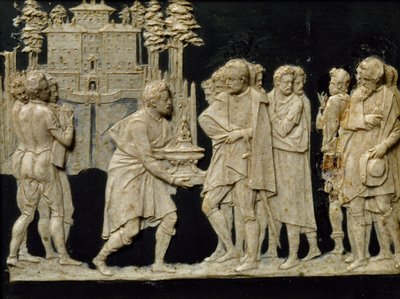 Präsentation des Modells eines Brunnens in Pratolino an Francesco I., von Jean de Boulogne alias Giambologna (1529-1608), Wachskachel von Giambologna
