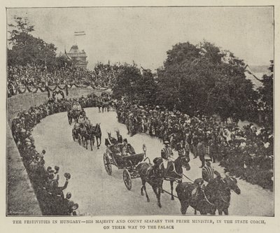 Die Festlichkeiten in Ungarn, Seine Majestät und Graf Szapary, der Premierminister, in der Staatskutsche auf dem Weg zum Palast (s/w Foto) von (after) English photographer