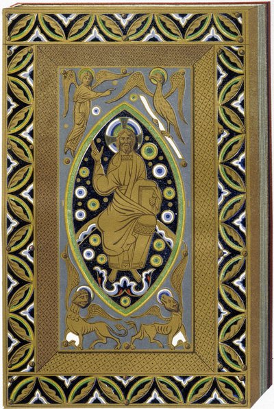 Christus in Mandorla mit den Symbolen der 4 Evangelisten (Tetramorph). Lithographie, die eine emaillierte Bindung des 13. Jahrhunderts reproduziert. von (after) French School