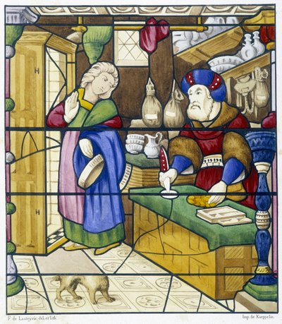 Geschichte des Juden in der Rue des Billettes - Faksimile eines Glasfensters, St. Alpin Kirche in Chalon von (after) French School