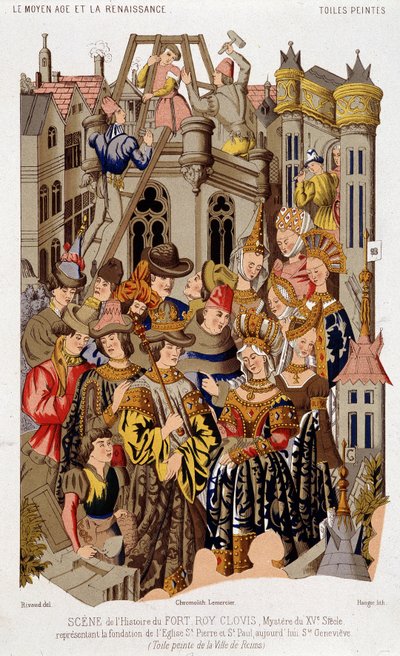 Szene aus der Geschichte von Fort Roy de Clovis. Geheimnis des 15. Jahrhunderts, das die Gründung der Kirche St. Peter und St. Paul, heute Saint Genevieve, darstellt. (aus der) Bemalten Leinwand der Stadt Reims. von (after) French School