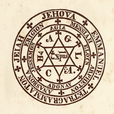 Okkulte Wissenschaften: Magischer Kreis. Schema aus "De Occulta Philosophia" von dem deutschen Okkultisten Heinrich Cornelius Agrippa von Nettesheim (1486-1535) (bekannt als Cornelius Agrippa oder Agrippa von Nettesheim) von (after) Italian School