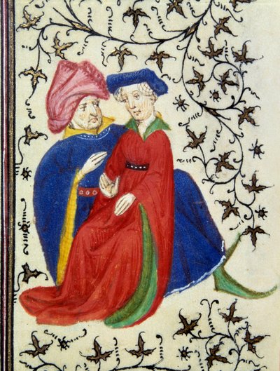 Eine galante Szene. Detail einer Seite des Manuskripts „Les Très Riches Heures du Duc de Berry“ illuminiert vom Meister von Boucicaut. 15. Jahrhundert. Musée Condé, Chantilly von (and workshop) Boucicaut Master
