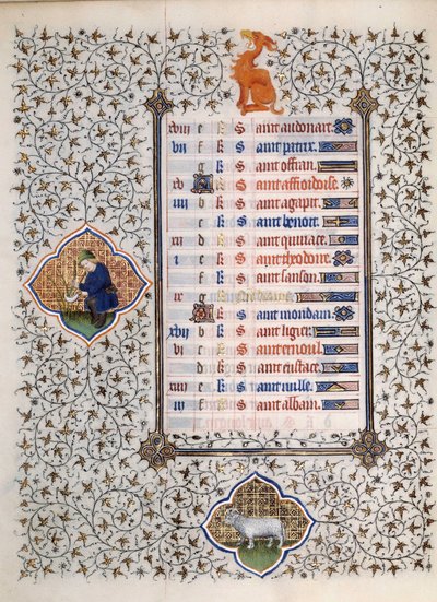 Seite des Manuskripts „Les Très Riches Heures du Duc François de Guise“, illuminiert vom Meister von Boucicaut: Darstellung der Tierkreiszeichen und Alltagsszenen: der Widder und ein Mann, der Weiden mäht. 15. Jahrhundert. Musée Condé, Chantilly von (and workshop) Boucicaut Master