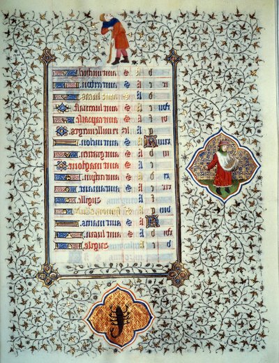 Seite des Manuskripts „Les Très Riches Heures du Duc François de Guise“, illuminiert vom Meister von Boucicaut: Darstellung der Tierkreiszeichen und Alltagsszenen: Skorpion und Pflanzung. 15. Jahrhundert. Musée Condé, Chantilly von (and workshop) Boucicaut Master