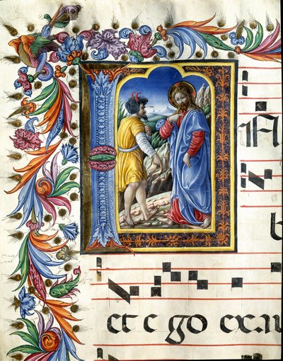 Dekorierte Initiale, die die Versuchung Christi darstellt. Miniatur von Liberale da Verona (1445-1529) aus einem Chorbuch (Cod. 20/5. c.45v) aus der Kathedrale von Siena von (c.1445 1527) Liberale da Verona