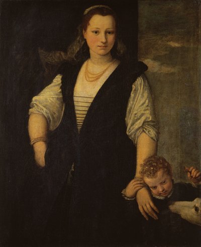 Porträt einer Frau mit Kind und Hund von Paolo Veronese