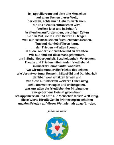 Friedensbotschaft mit dem Stern der edlen, achtsamen Liebe für alle Menschen dieser Welt von Johanna Thier