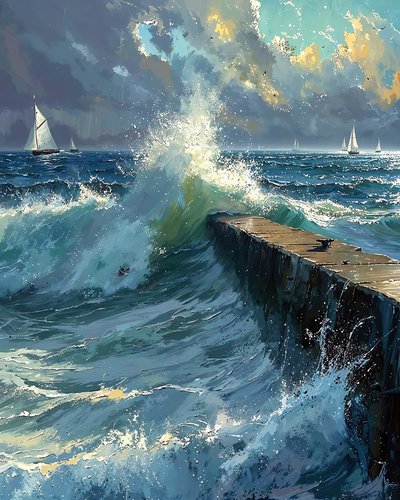 Raue Wellen und Boote am Horizont von F. Abderrahim