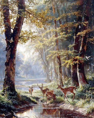 Ein Hirsch zwischen den Bäumen trinkt Wasser aus einem See, Öl-Leinwanddruck von F. Abderrahim
