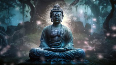 Buddha sitzend in friedlicher Meditation, eine spirituelle buddhistische Leinwand, gerahmte Wandkunstdrucke von F. Abderrahim