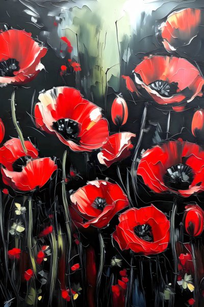 Messer-Malerei, lebendige rote Mohnblumen in dicken Schichten aufgetragen, Online-Kunstdrucke von F. Abderrahim