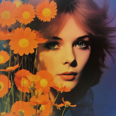 Vintage-Frauenporträt  Blumen, A Retro Floral Vision, Online-Kunstdrucke von F. Abderrahim