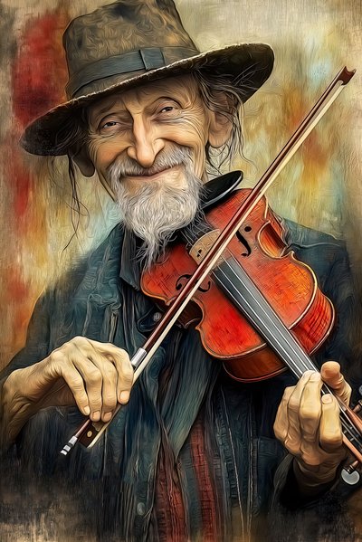 Straßenmusikant spielt Jazzmusik auf seiner Geige, , Gerahmte Wanddekoration von F. Abderrahim