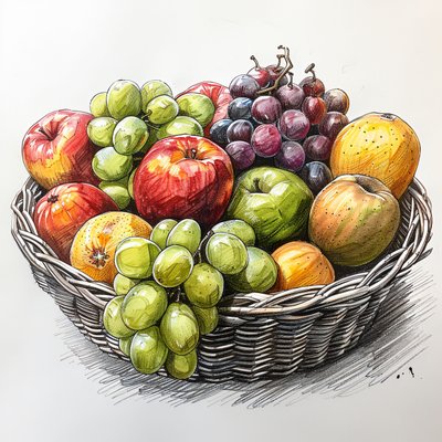 ein Obstkorb, einfaches Stilleben, Wandkunstdrucke auf Anfrage von F. Abderrahim