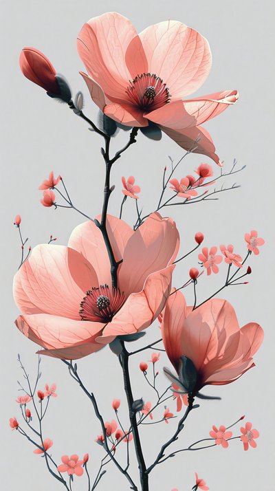 Rosa und graue Linienskizze, florale minimalistische Wanddekoration von F. Abderrahim
