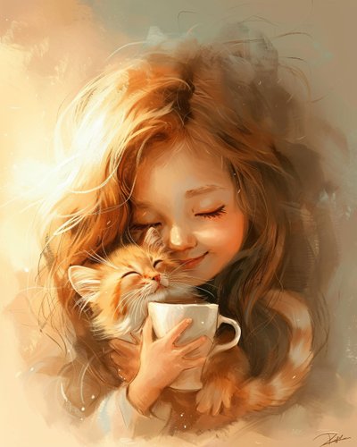 Kleines Mädchen, ihre Katze und die Liebe zu gutem Kaffee, gerahmte Wanddekoration von F. Abderrahim