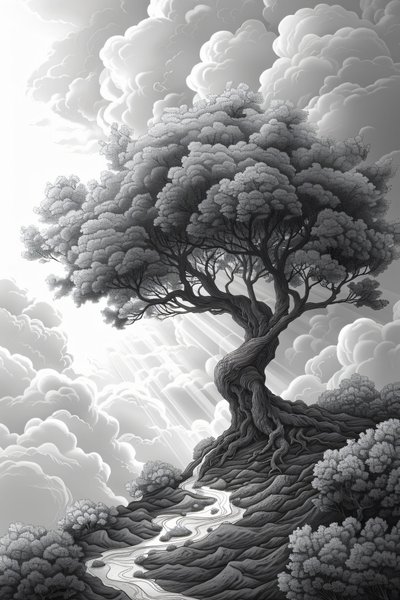 Majestätische Felsformation, Naturportal, dramatischer Sturm und Baum, gerahmtes Wanddekor, von F. Abderrahim