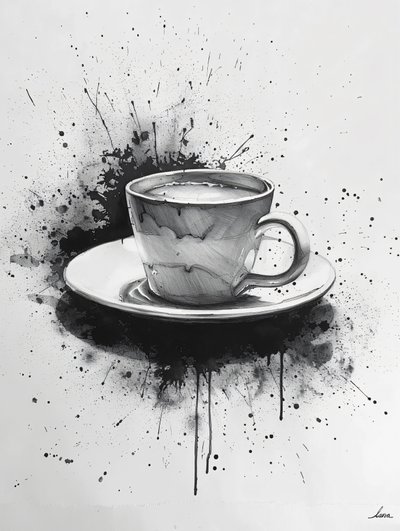 Minimalistische einzeilige Noir-Szene mit Kaffeeflecken-Highlights, Kunstdrucke online von F. Abderrahim