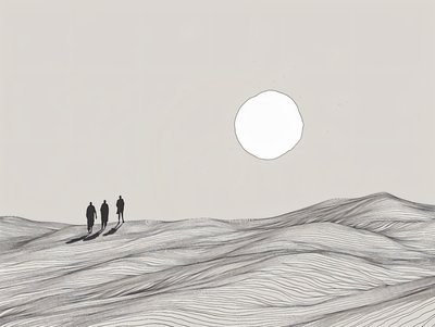 Minimalistische Skizze, Männer, die in der Wüstensonne spazieren gehen, online Kunstdrucke von F. Abderrahim