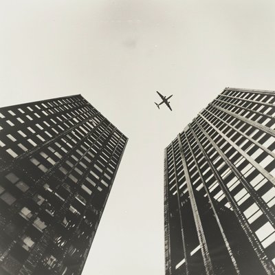 Flugzeug fliegt über zwei Türme, Fotografie mit  schwarz, Wandkunstdrucke auf Anfrage von F. Abderrahim