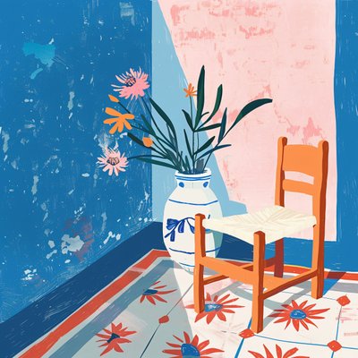 Pflanzen  Mexikanischer Stuhl mit Keramikvase, Minimalistische Kunstdrucke auf Leinwand von F. Abderrahim