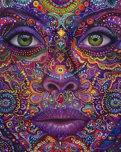 Psychedelische Frau mit buntem Gesicht Spirituelle  Mandala-Muster, Kunstdrucke auf Leinwand von F. Abderrahim