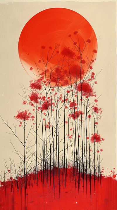 Sonnenuntergang auf einem Hügel von roten Blumen Malerei, vertikale Wand Dekor zum Verkauf von F. Abderrahim