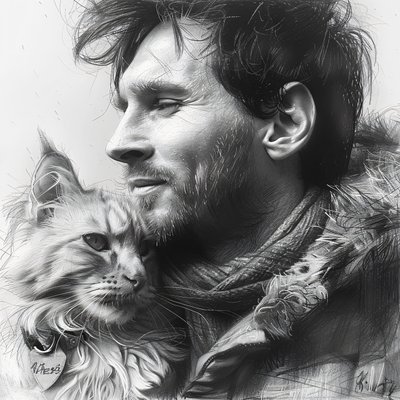 Katze mit Messi Fußballer, Moderne Wanddekoration | Print on Demand von F. Abderrahim