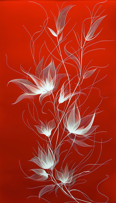 Weiße Linienkunst von Pflanzen und Blumen auf einem leuchtend roten Hintergrund, Wanddekoration von F. Abderrahim